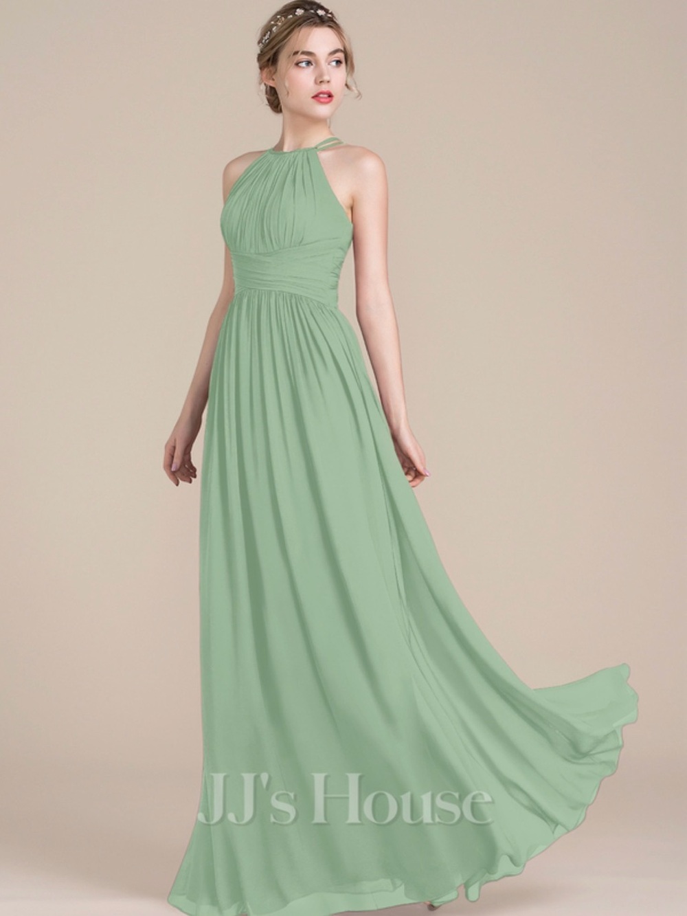 JJs House Sage Green Halter Flowing Chiffon Gown